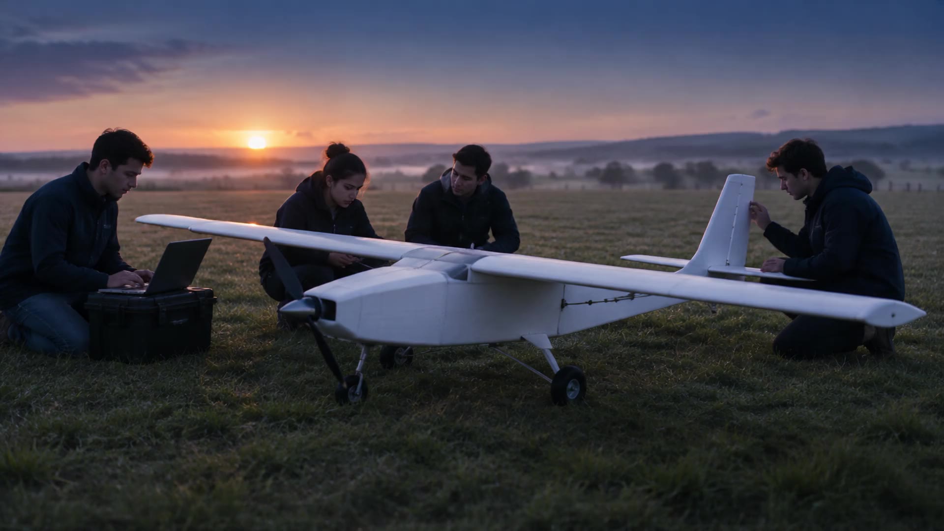 Illustration: a university team prepares a cargo airplane on a grass strip at dawn